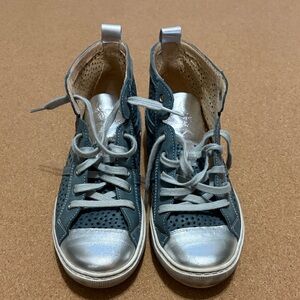 Women’s Full Leather Metallic Silver and Teal Lace-Up Sneakers